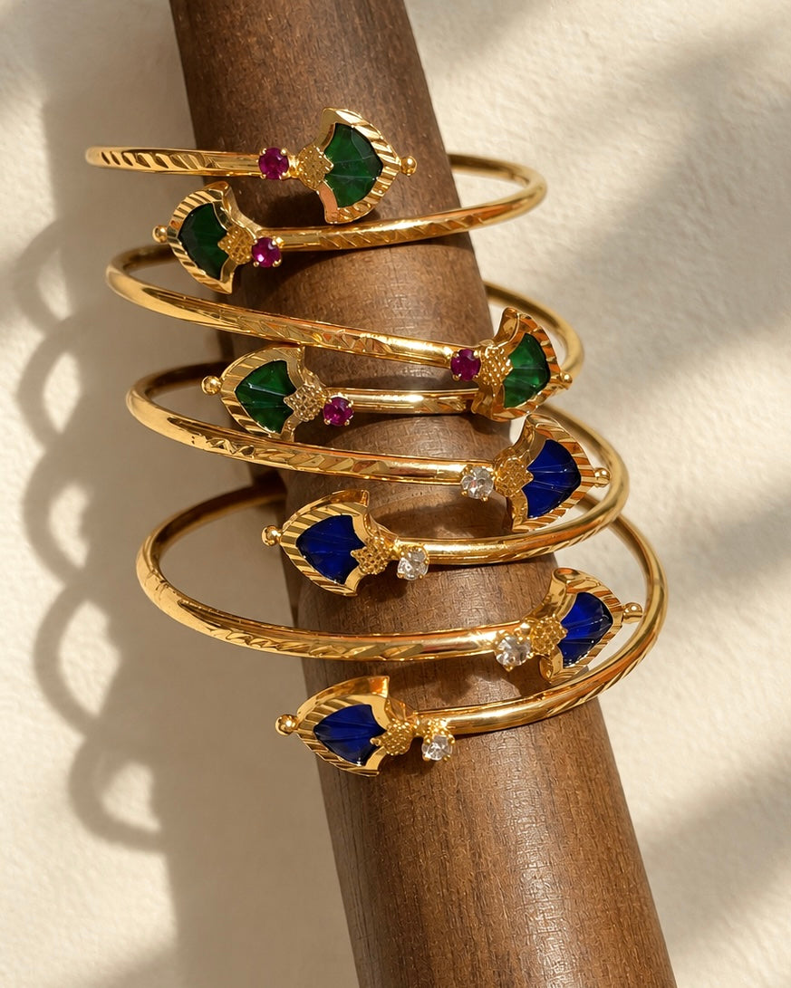 Antique Shield-Shaped Palakka Cuffs| Gold-Plated Adjustable Handcuffs | Green & Blue
