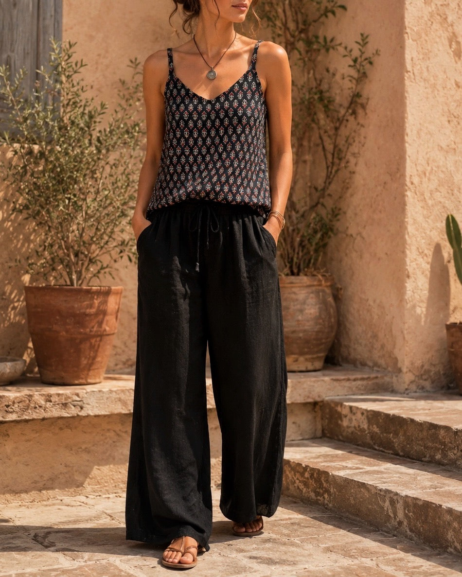 Pure Ajrakh Cotton Strap-Sleeve Tunic | Black x Floral Buttis | Womenswear