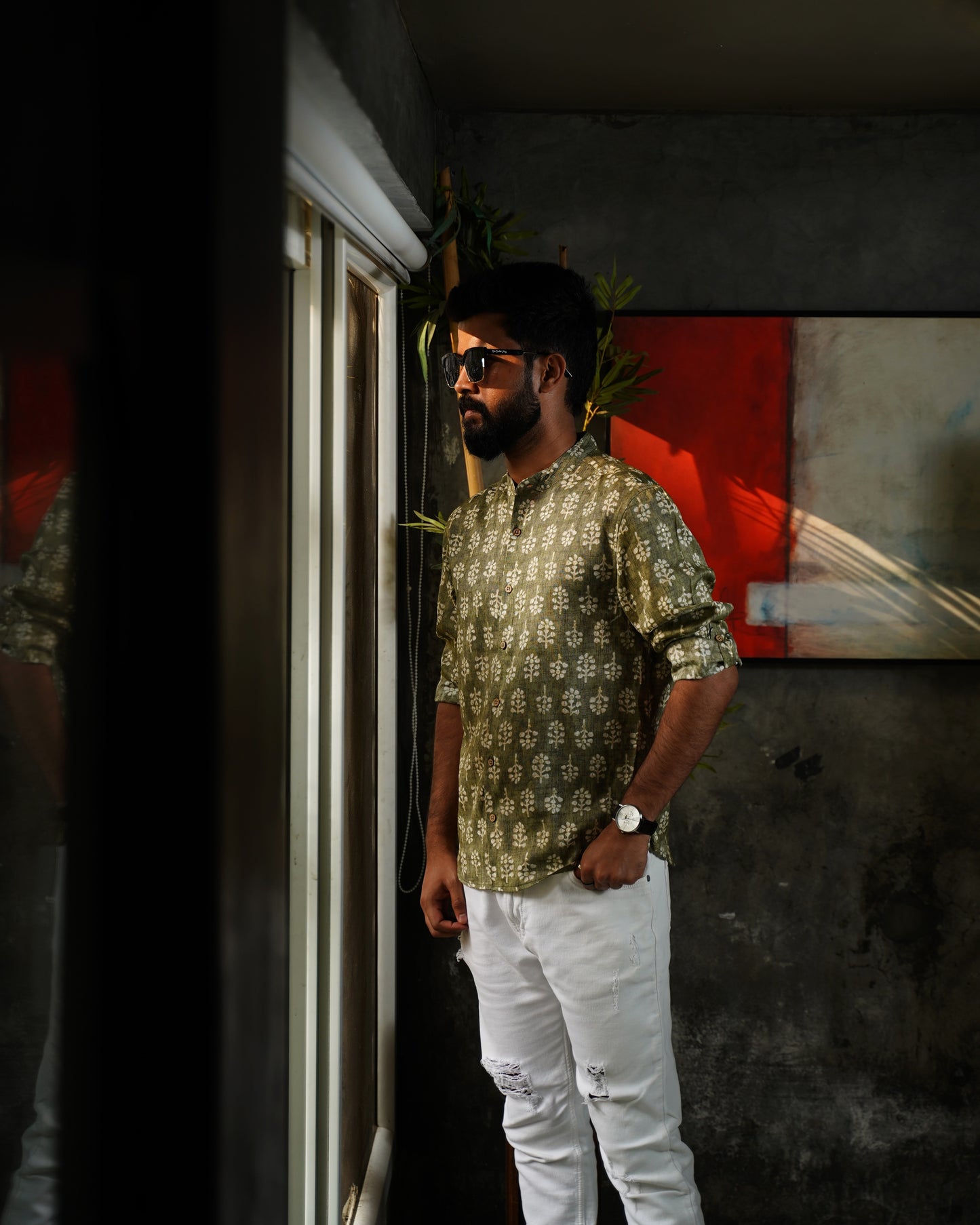 Olive Green Rayon Foil Printed Shirt