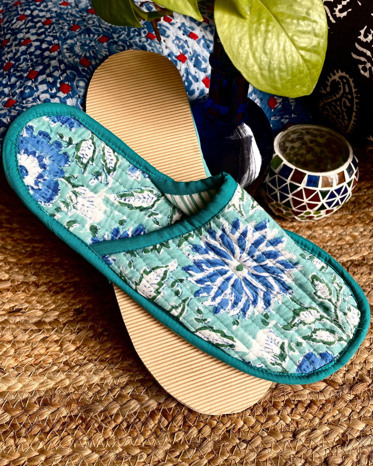 Turquoise Daisy | Hand Block Printed & Quilted Cotton Home Slip-Ons