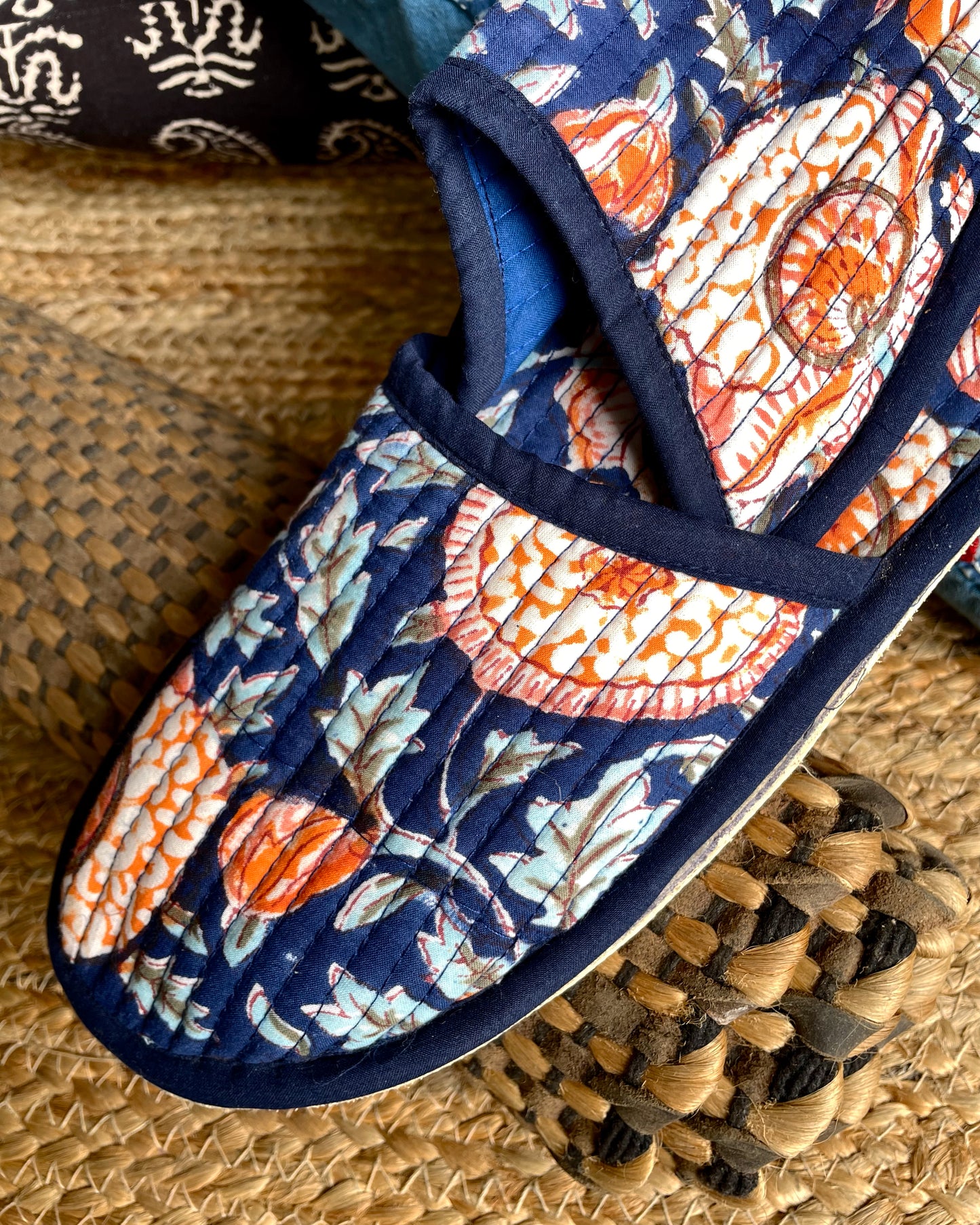 Tangerine Tropics | Hand Block Printed & Quilted Cotton Home Slip-Ons