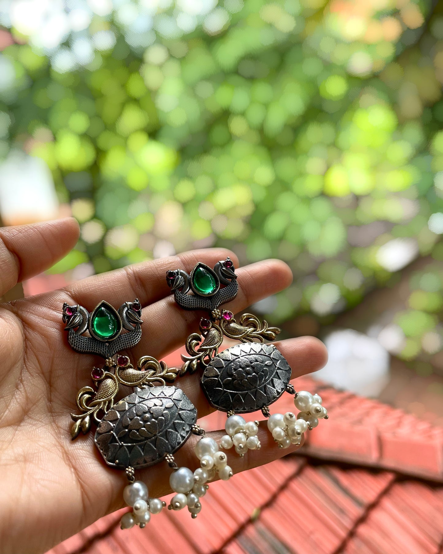 Mudhraa | Silver Plated | Dual Tone Kemp Statement Earrings