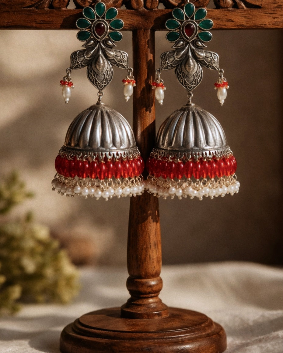 Goddess of the woods | Silver-Plated Multicolour Stone Statement Jhumkas with Pearls