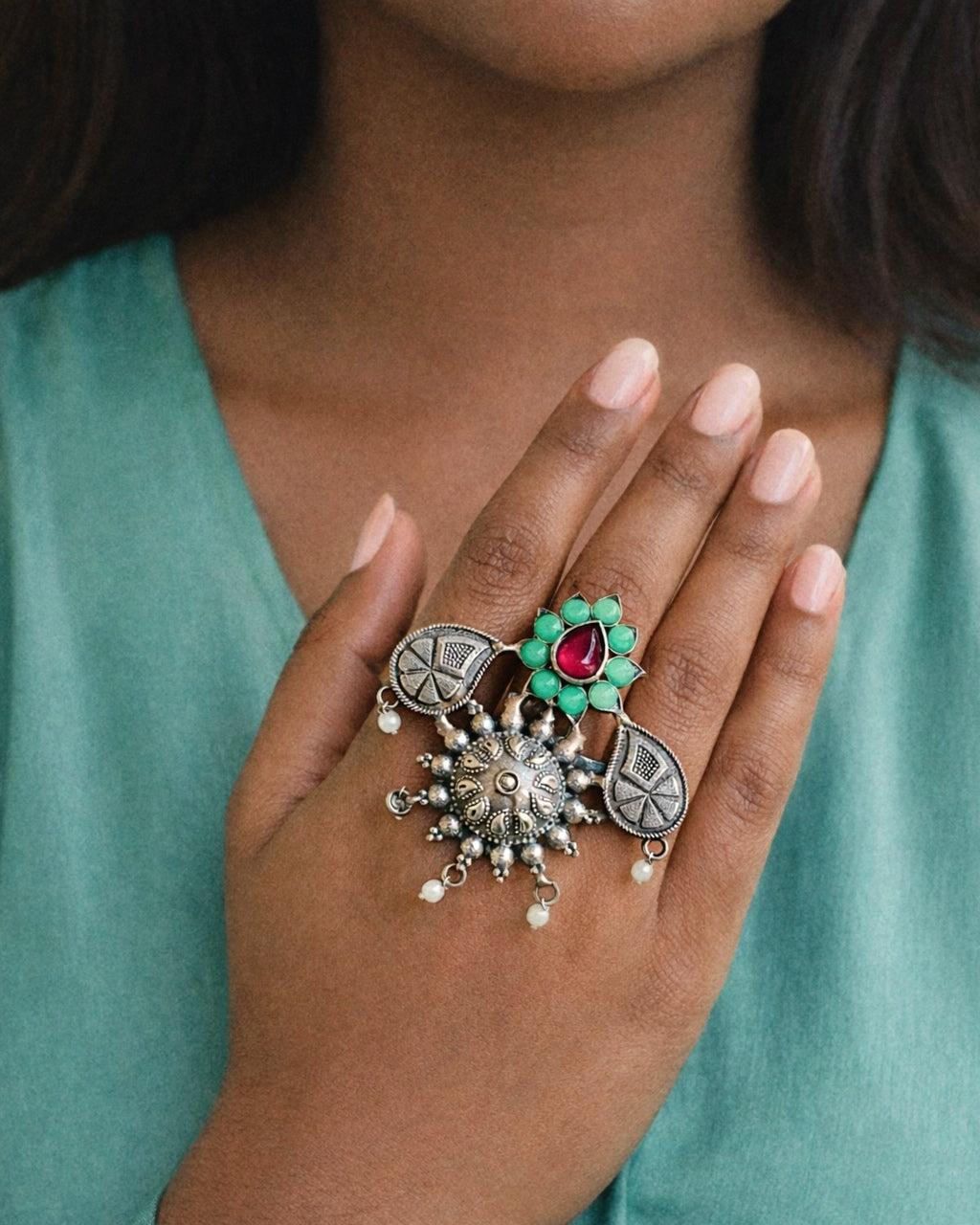 Leaf of Fire & Sea | Silver Plated Handcrafted Fusion Statement Ring