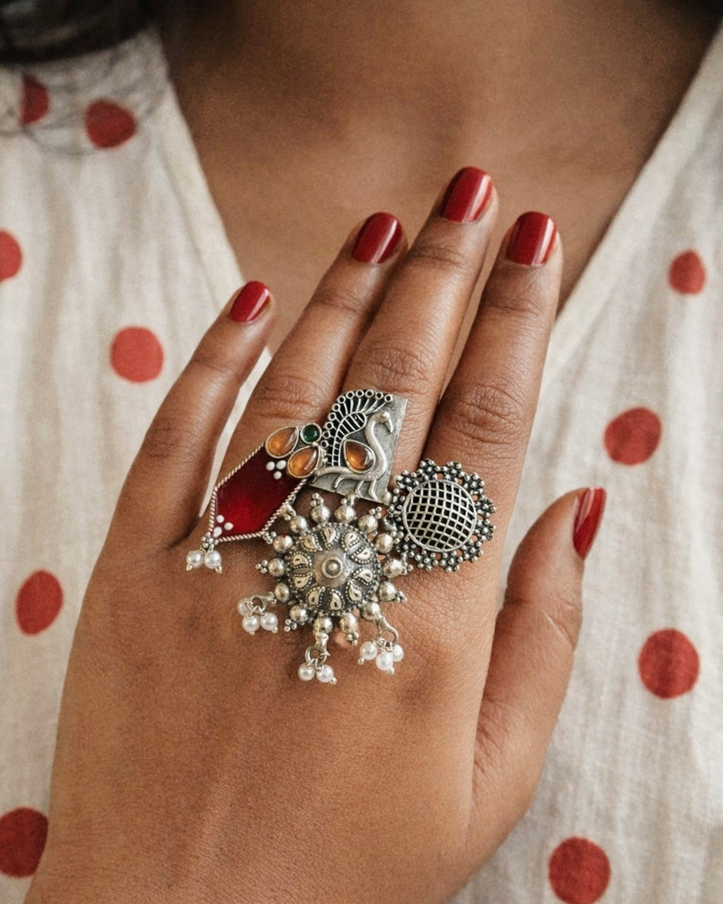 Crimson Plume | Silver Plated Handcrafted Fusion Statement Ring