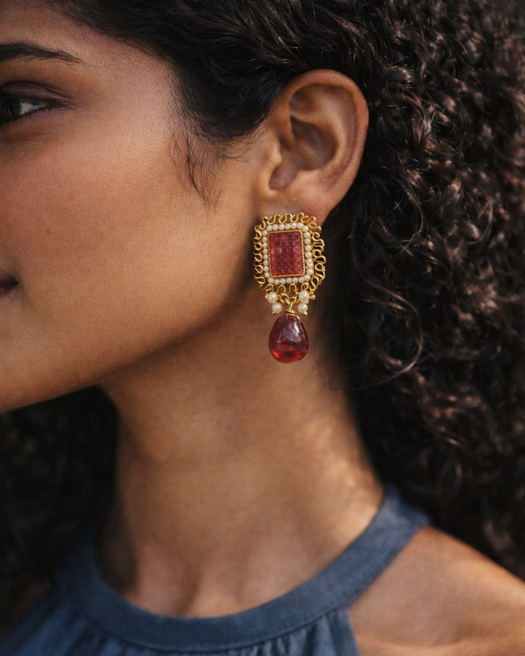 Vermilion Pearl Drops | Antique Gold-Plated Studs | The Vishu Collective'26