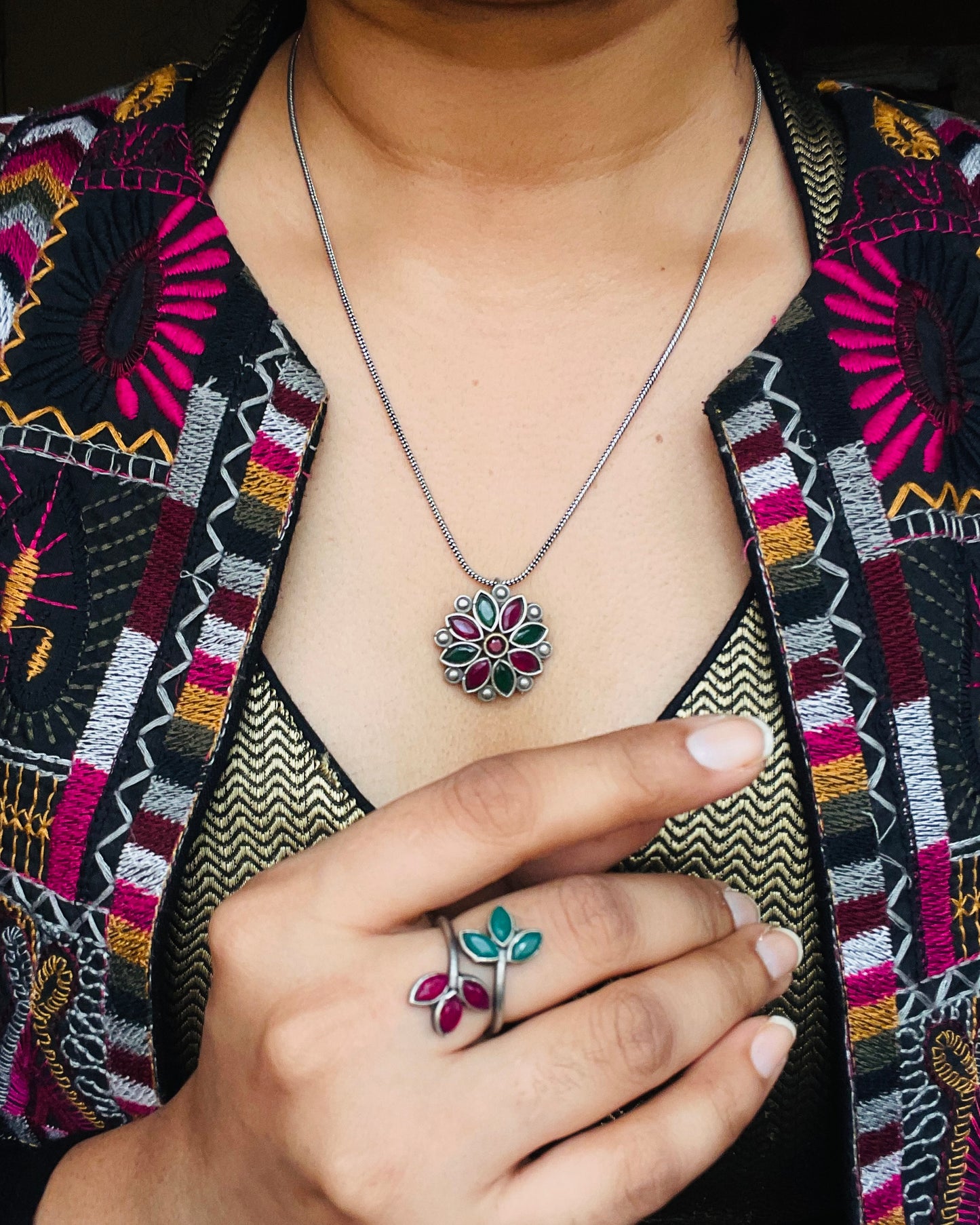 Kritvi | Silver Plated Multicolour Stone Adjustable Ring