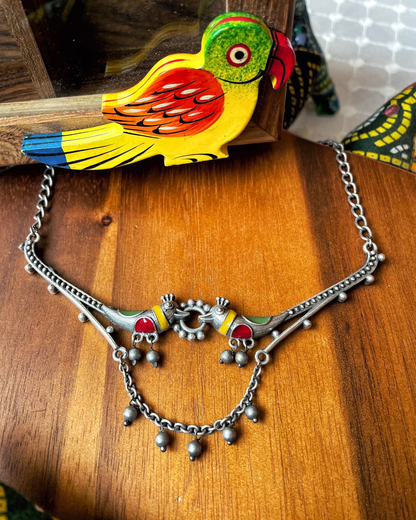 पक्षी बाग़ | Silver-Plated Meenakari Statement Neckpiece