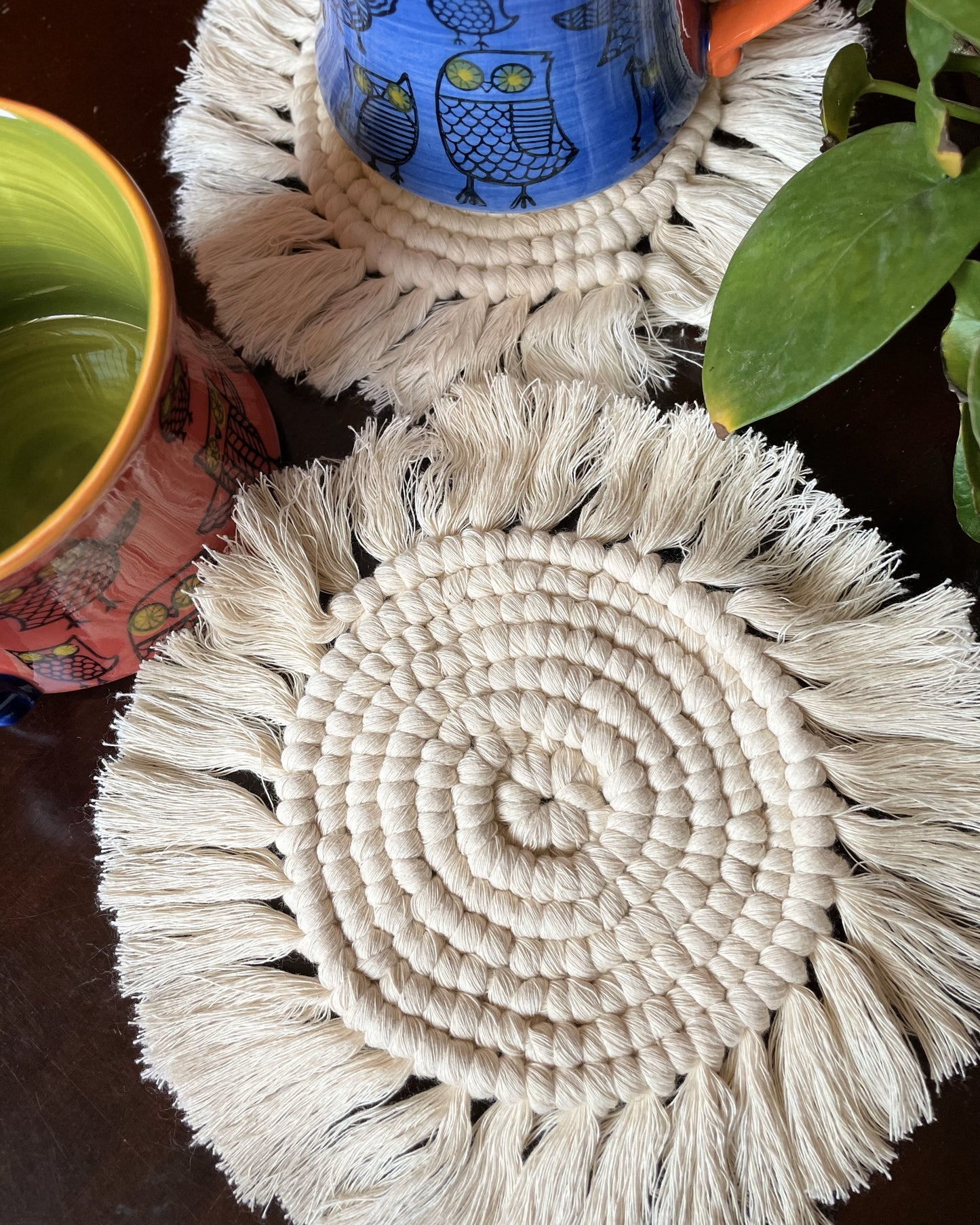 Antara Off-White Macrame Round Coasters (Set of 2)