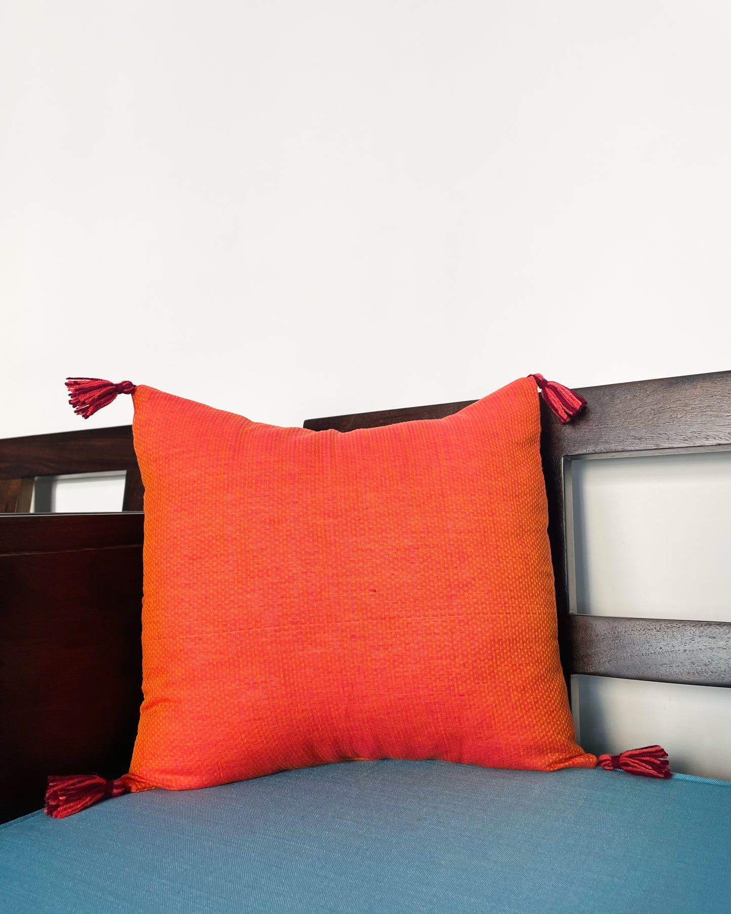 Aqua Reef & Tangerine | Pure Cotton Block Printed Cushion Covers with Multicolor Tassles | Set of 2