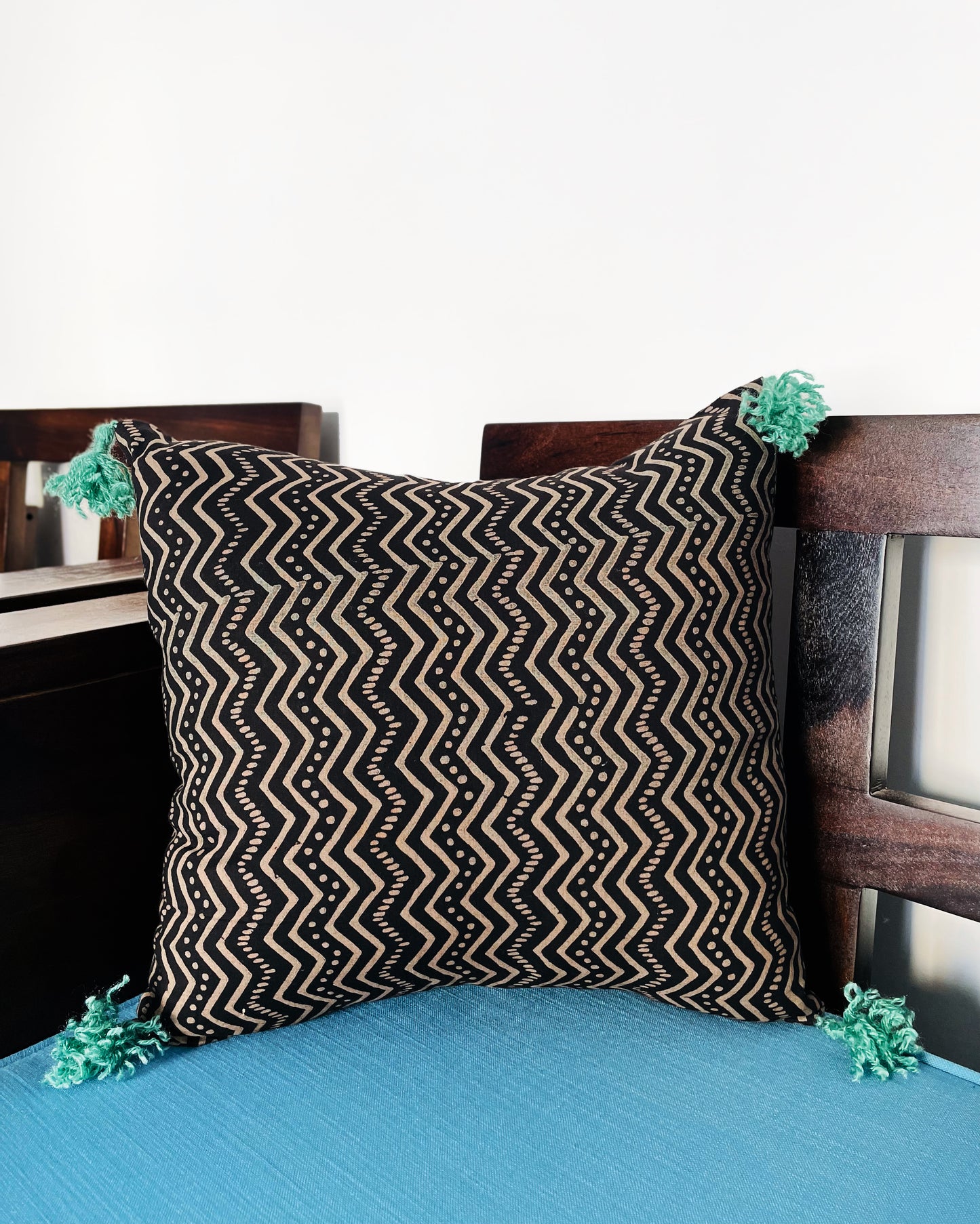 Ebony & Jade | Pure Cotton Block Printed Cushion Covers with Tassles | Set of 2