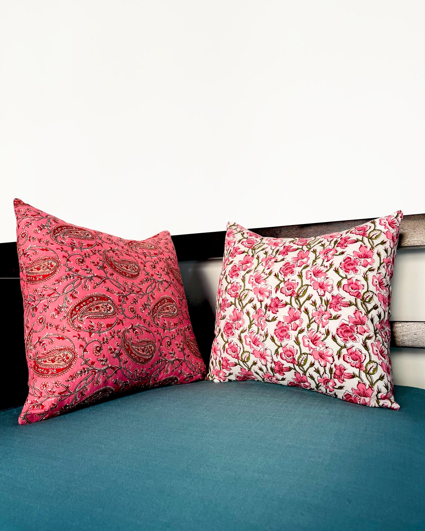 Pink Paisley & Sanganeri White Florals | Pure Cotton Block Printed Cushion Covers | Set of 2