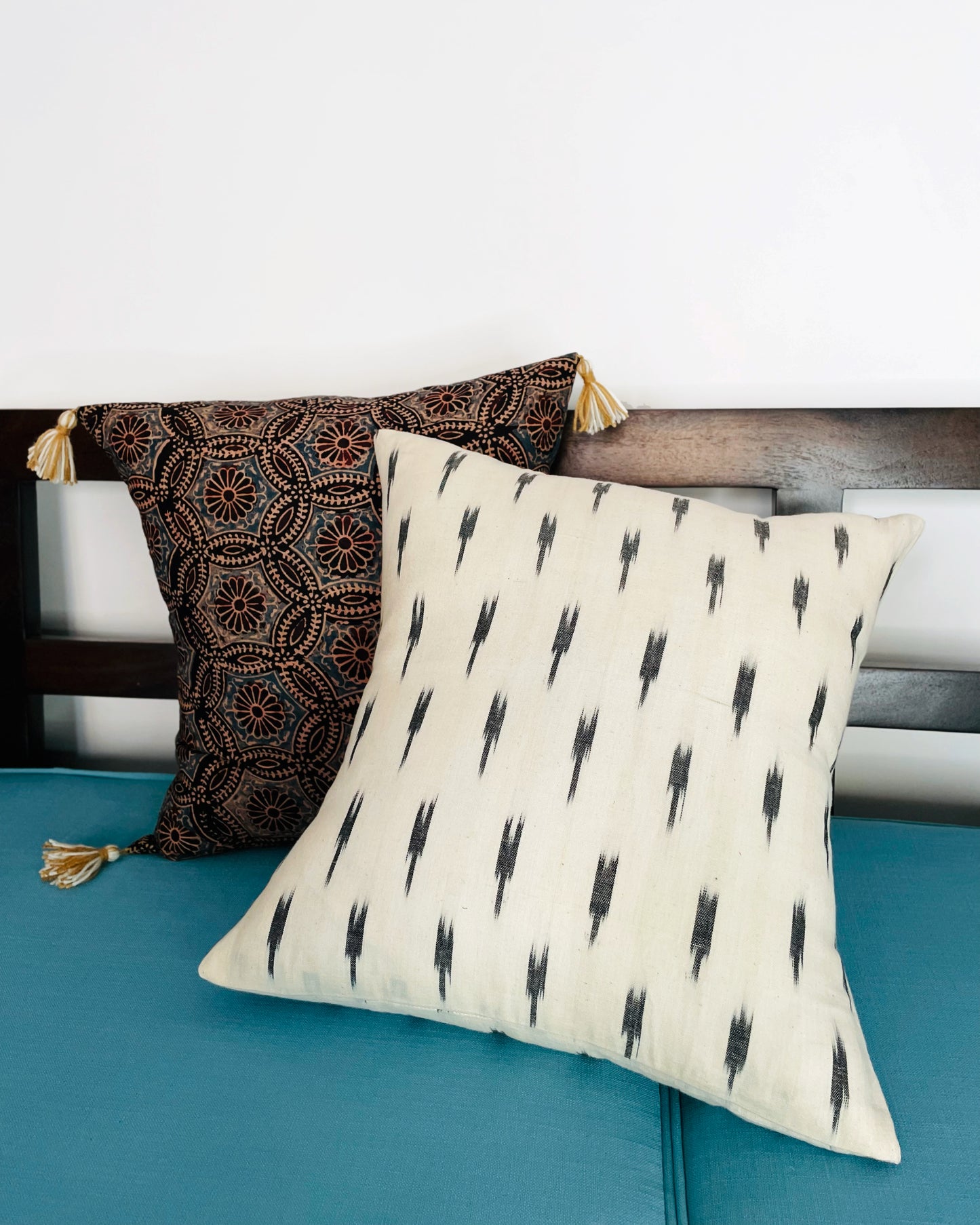 Ikkat Meets Ajrakh | Pure Cotton Block Printed Cushion Covers with multicolor tassles | Set of 2