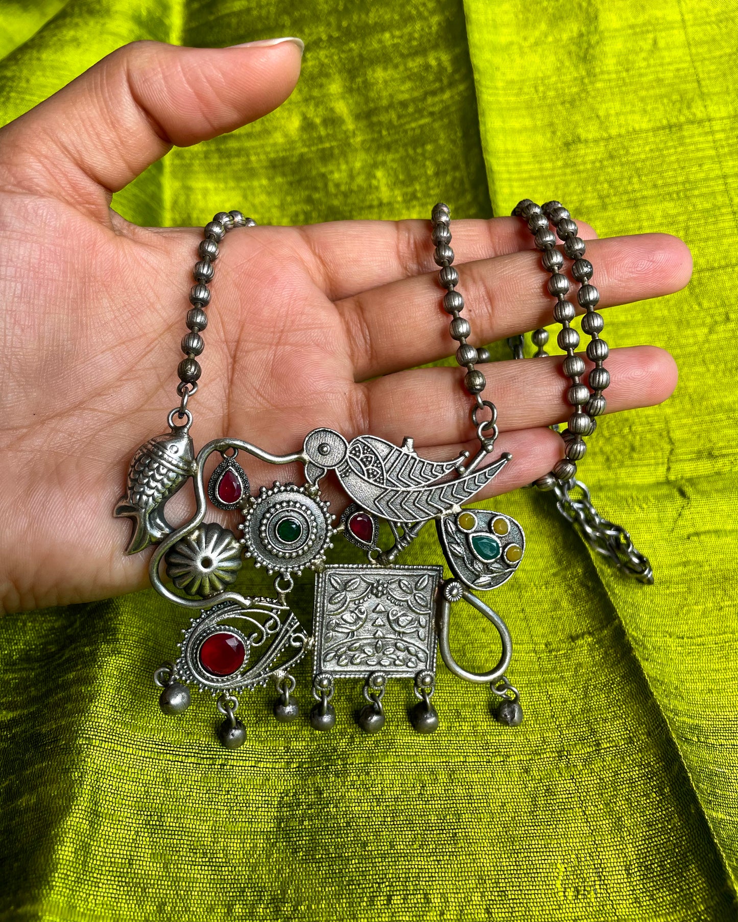 Pakshivana | Silver Plated Fusion Handcrafted Statement Necklace