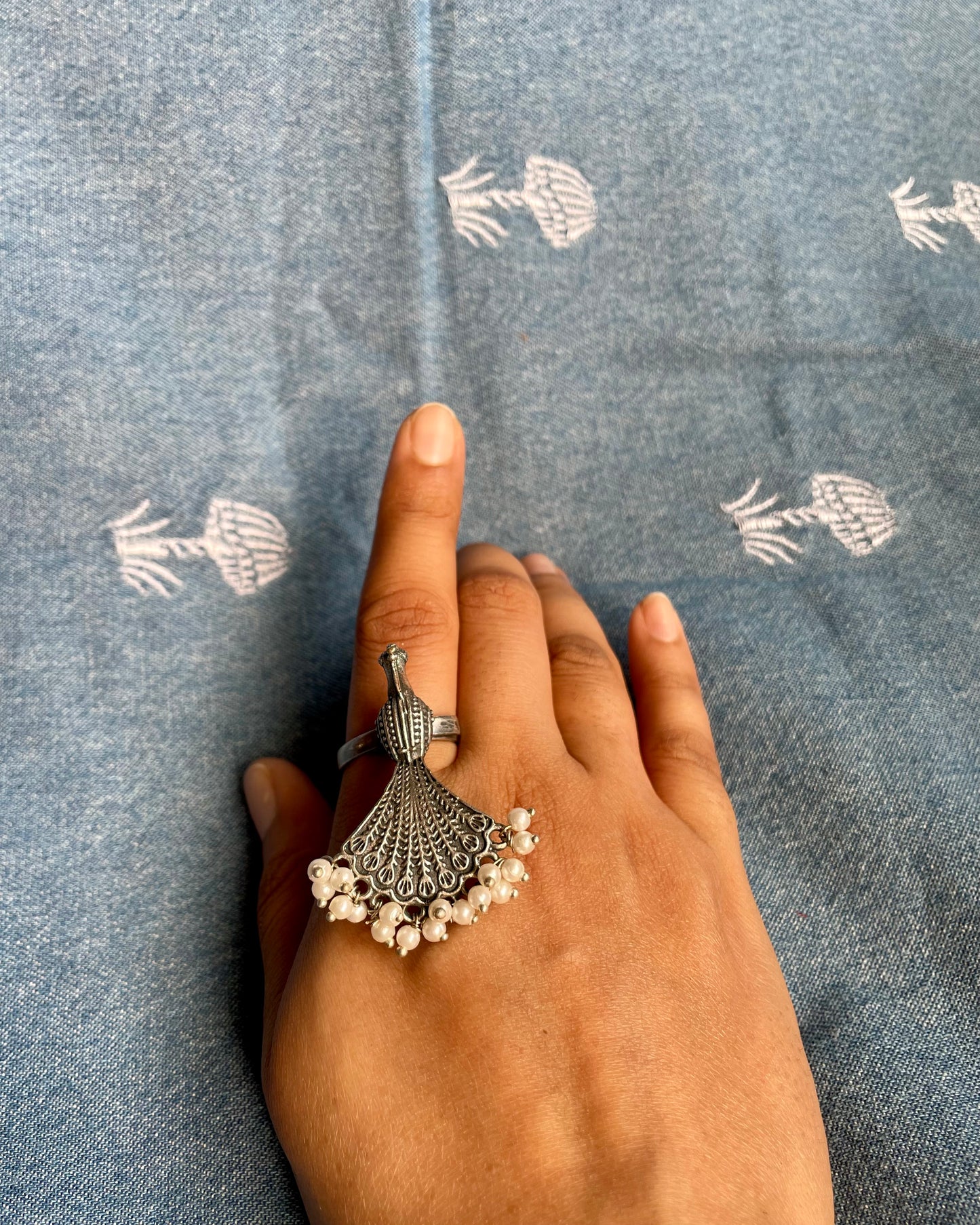 Mayuraaksha - Silver Plated Oxidised Ring