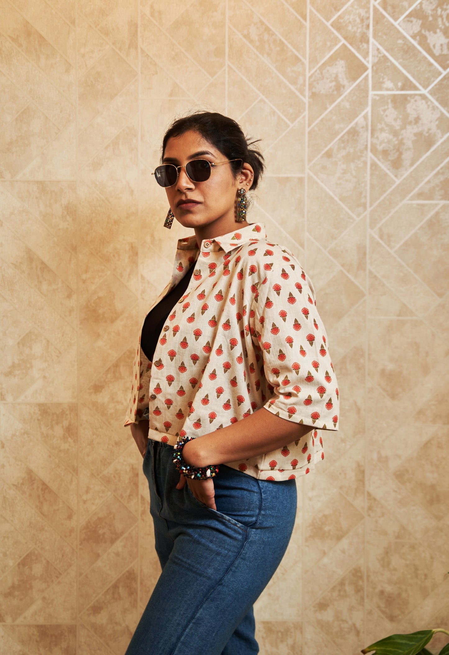 Narangi Floral Motif Cropped Shirt