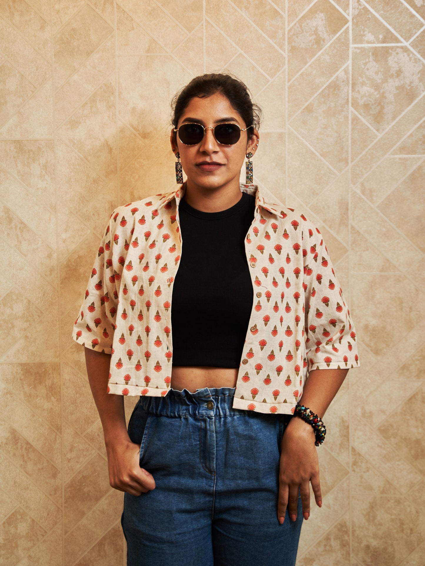 Narangi Floral Motif Cropped Shirt