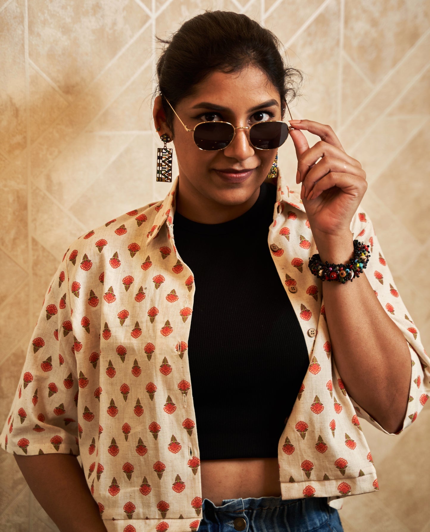 Narangi Floral Motif Cropped Shirt