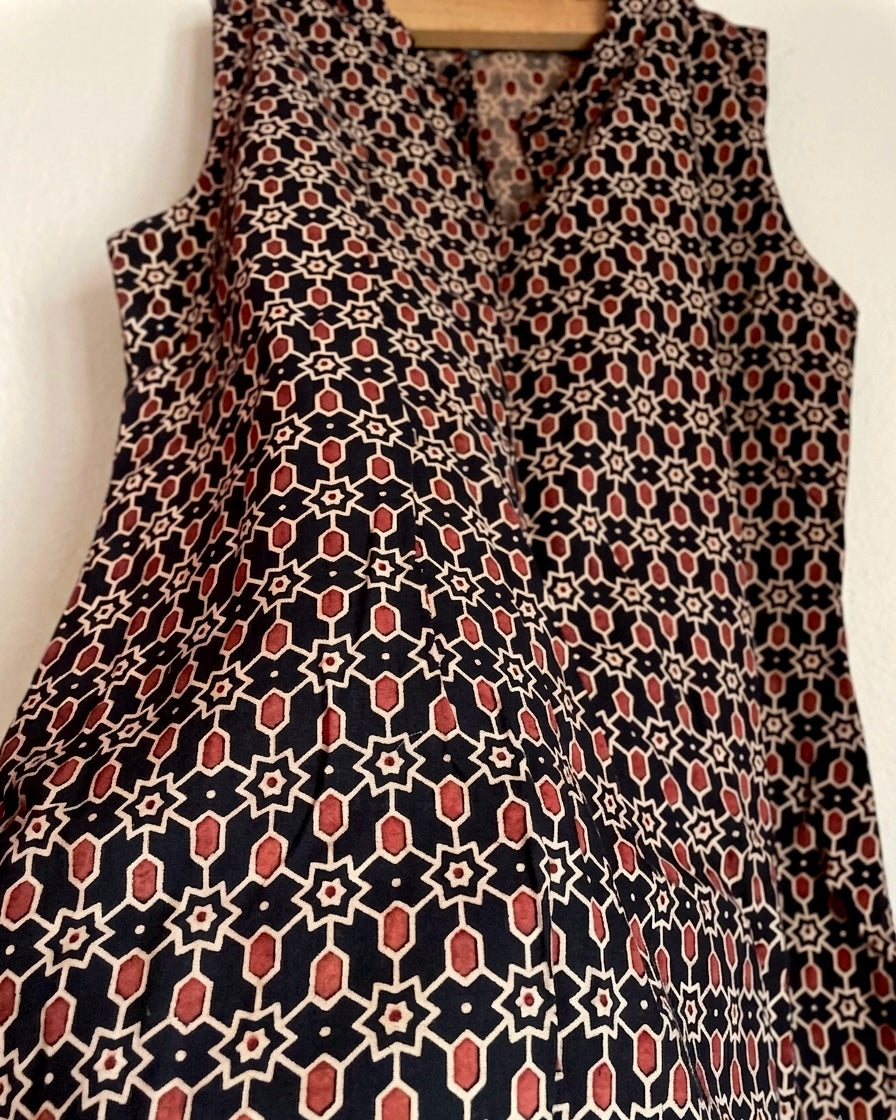 Pure Ajrakh Cotton Mandarin Collared Tunic | Black x Geometric Block | Womenswear
