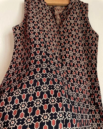 Pure Ajrakh Cotton Mandarin Collared Tunic | Black x Geometric Block | Womenswear