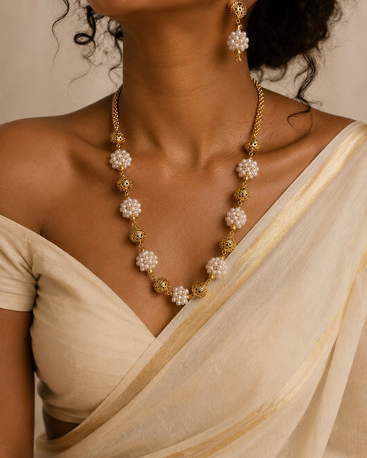 String of Pearls | Antique Gold-Plated Haaram Set | Onam'26