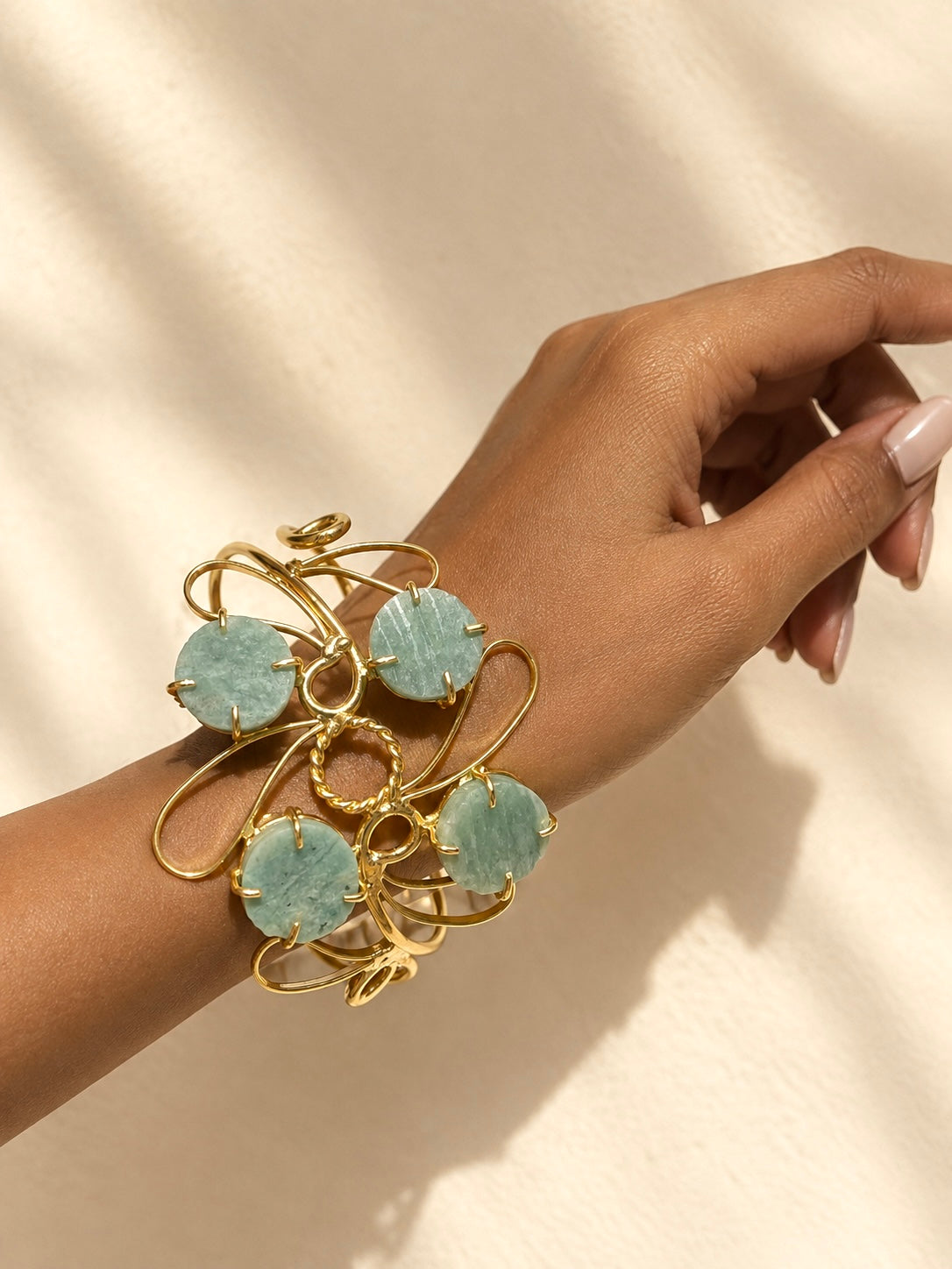 Neem & Gold| Sculptural Brass Statement Wristwear | Mint-Green