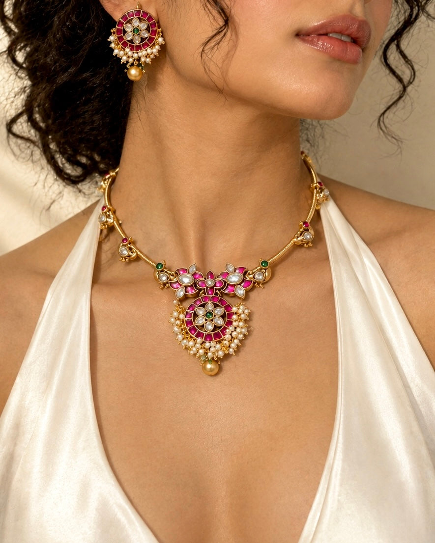 Mayura Jadau Hasli | Antique Gold-Plated Designer Set | Rani Pink