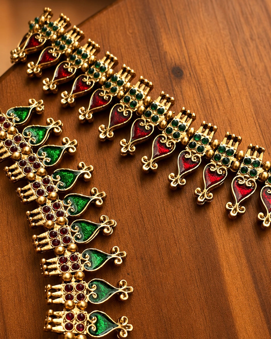 Palakka Maala | Antique Heritage Inspired Choker Set | Red, Green.
