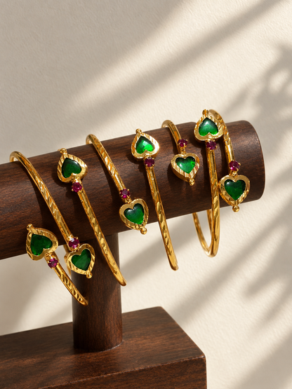 Antique Cupid-Shaped Palakka Cuffs| Gold-Plated Adjustable Handcuffs | Green