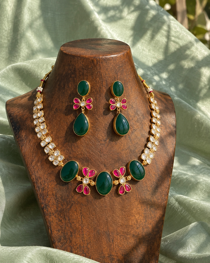 Panna Bagh | Natural-Stone Designer Necklace Set with Carat Plating