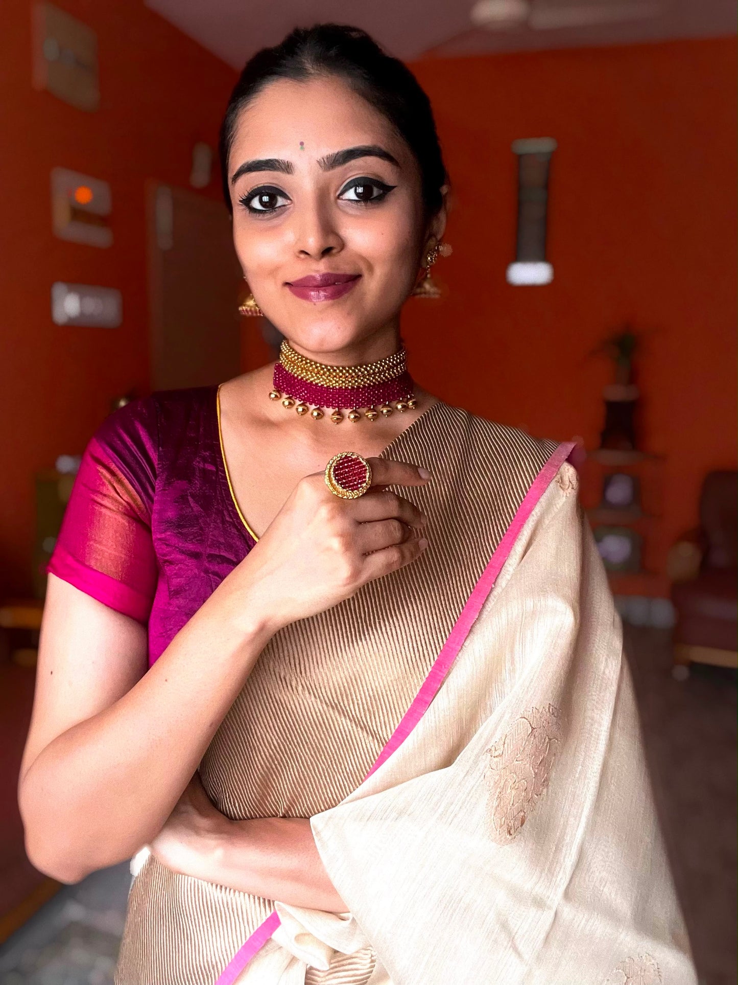 Fuchsia Crystal Mesh | Antique Matte Gold Choker Set | Onam’26