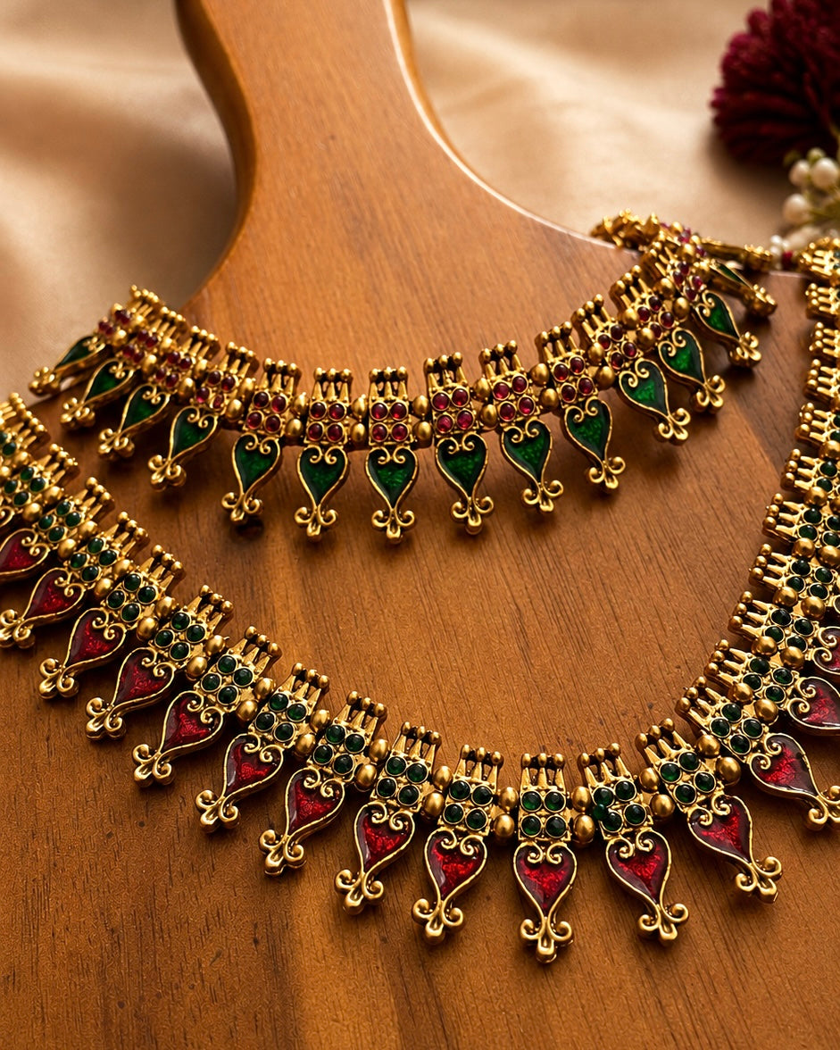 Palakka Maala | Antique Heritage Inspired Choker Set | Red, Green.