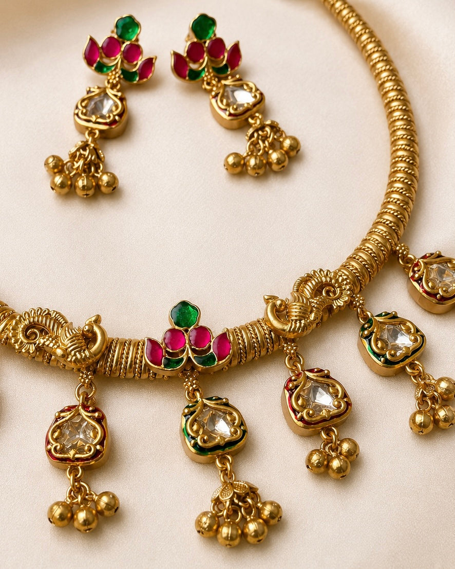 The Rani Padma Hasli | Antique Matte Gold with Kemp & Kundan | Onam’26