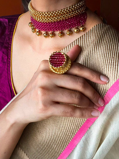 Fuchsia Crystal Mesh | Antique Matte Gold Choker Set | Onam’26