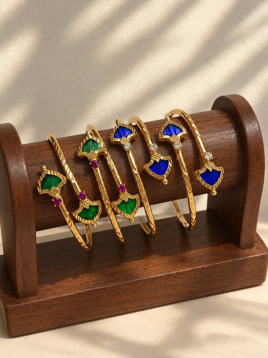 Antique Shield-Shaped Palakka Cuffs| Gold-Plated Adjustable Handcuffs | Green & Blue