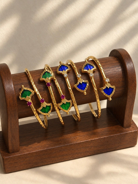 Antique Shield-Shaped Palakka Cuffs| Gold-Plated Adjustable Handcuffs | Green & Blue