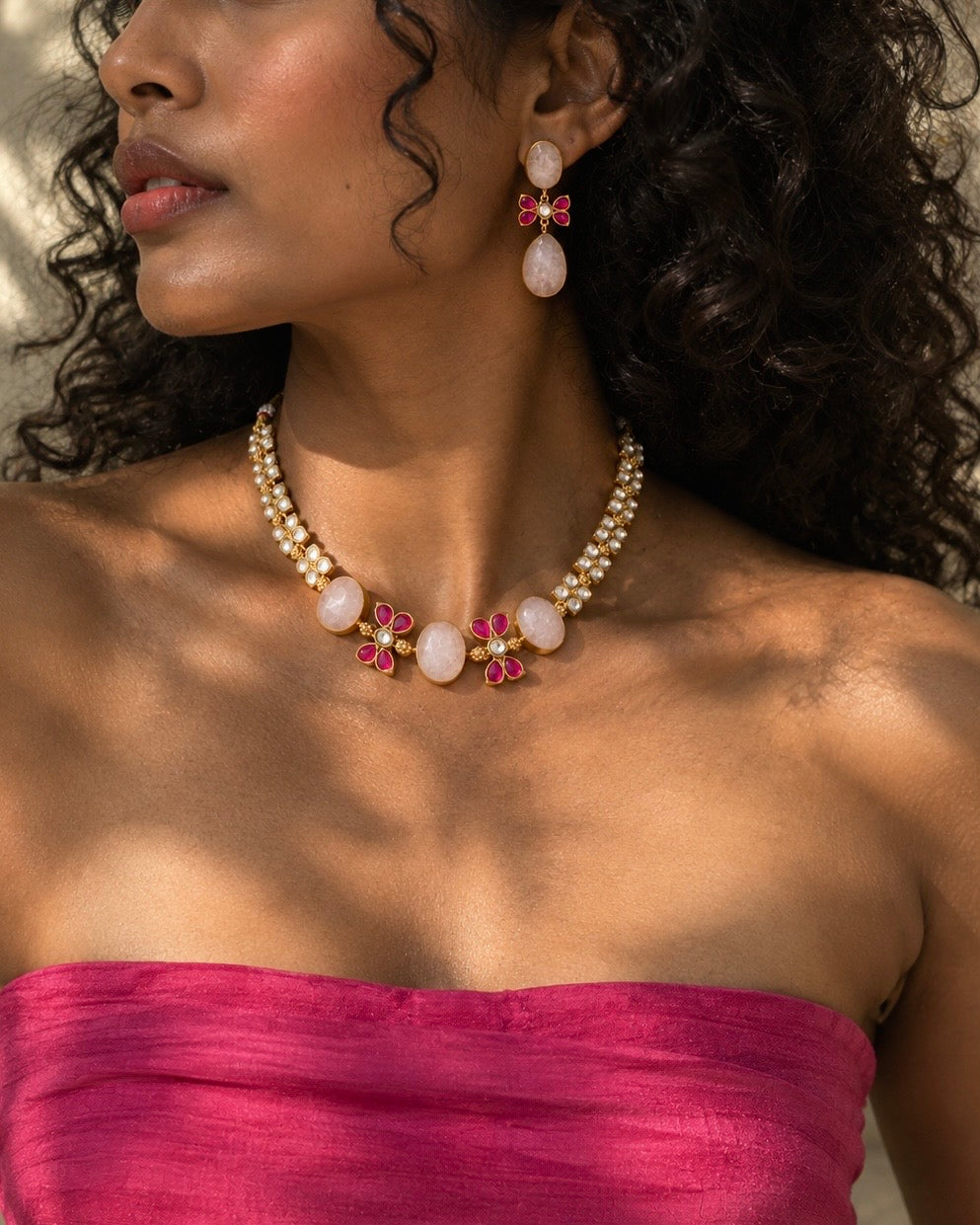 Gulabi Noor | Natural-Stone Designer Necklace Set with Carat Plating