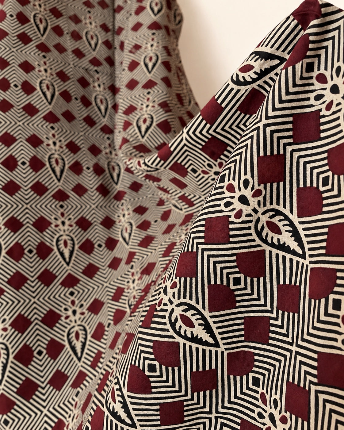 Pure Ajrakh Cotton Strap-Sleeve Kurta | Burgundy x Black | Medium | Womenswear