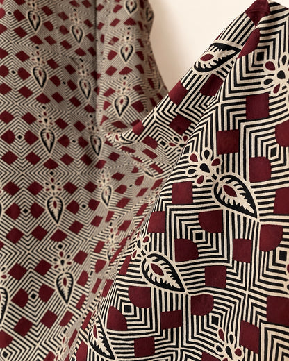 Pure Ajrakh Cotton Strap-Sleeve Kurta | Burgundy x Black | Medium | Womenswear