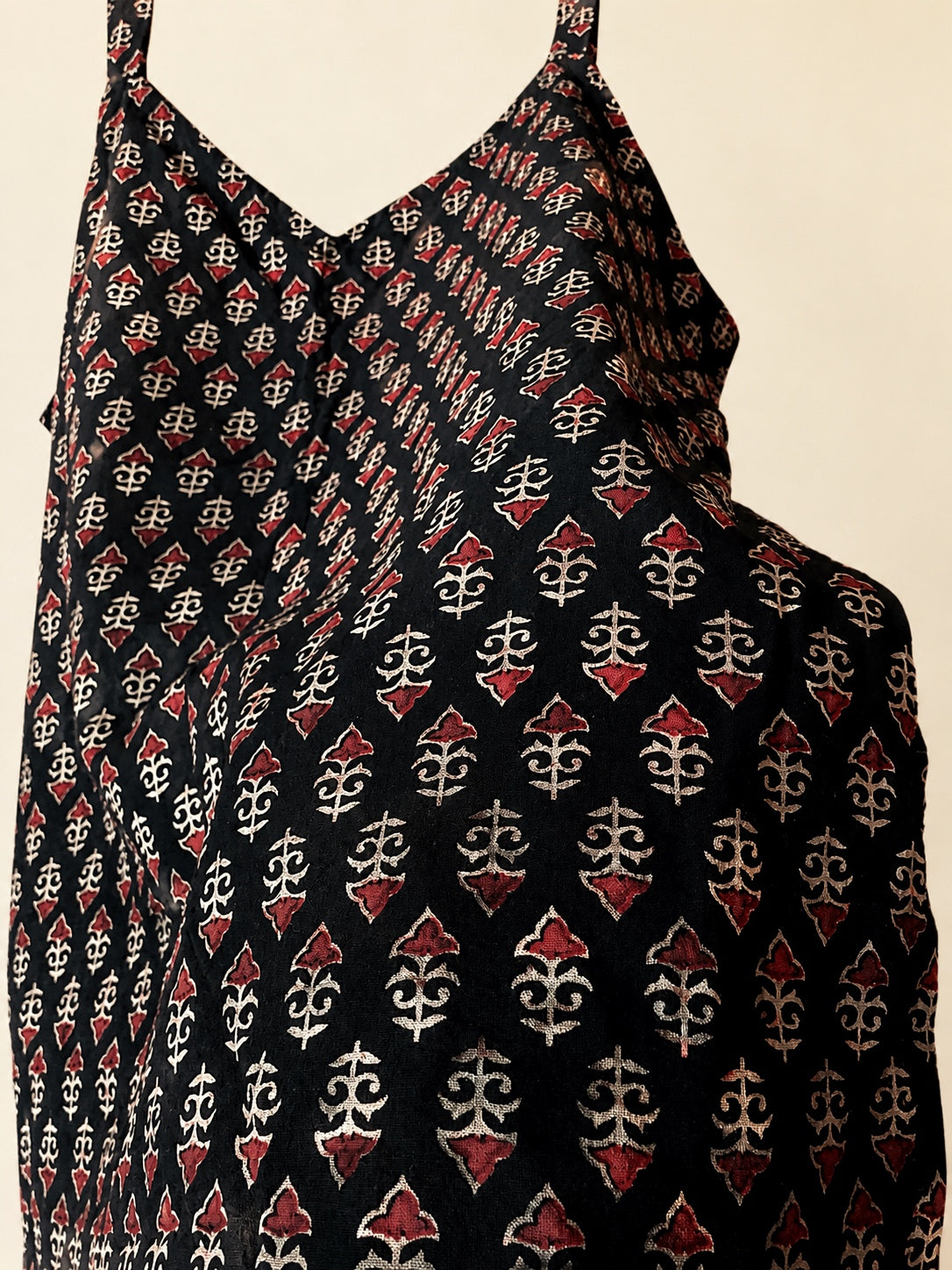 Pure Ajrakh Cotton Strap-Sleeve Tunic | Black x Floral Buttis | Womenswear