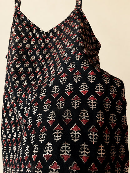 Pure Ajrakh Cotton Strap-Sleeve Tunic | Black x Floral Buttis | Womenswear