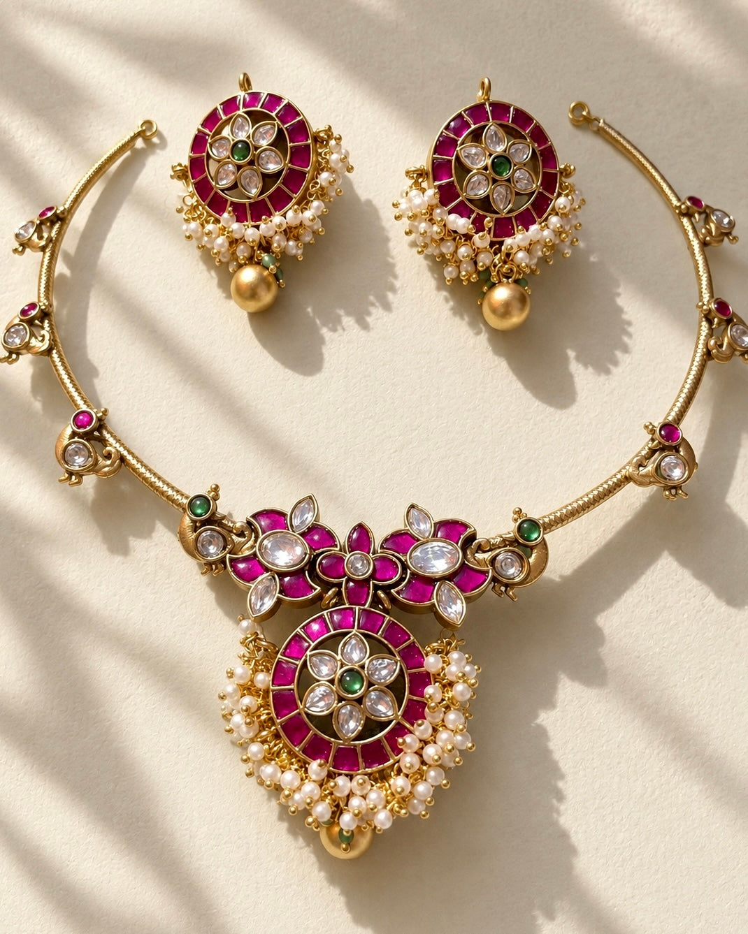 Mayura Jadau Hasli | Antique Gold-Plated Designer Set | Rani Pink