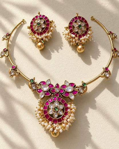 Mayura Jadau Hasli | Antique Gold-Plated Designer Set | Rani Pink