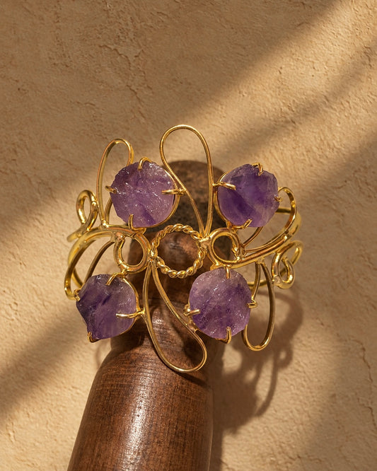 Jamun & Gold| Sculptural Brass Statement Wristwear | Amethyst