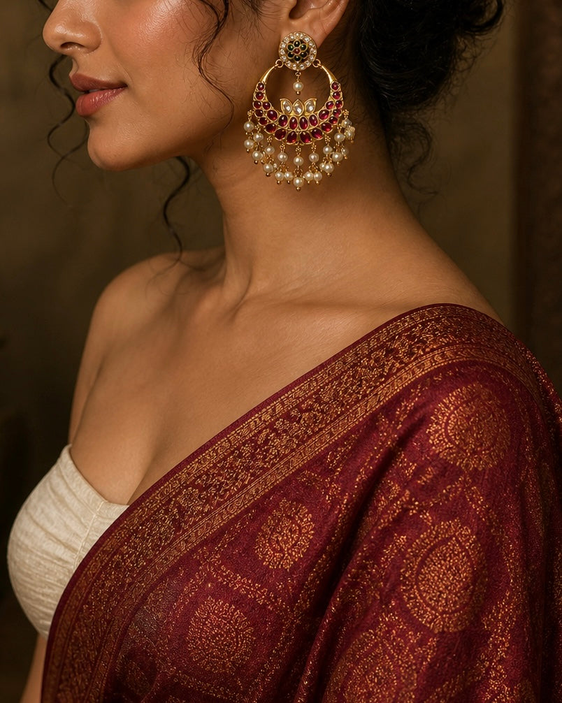 Jadau Kemp Chaandbali| Antique Gold-Plated Earrings