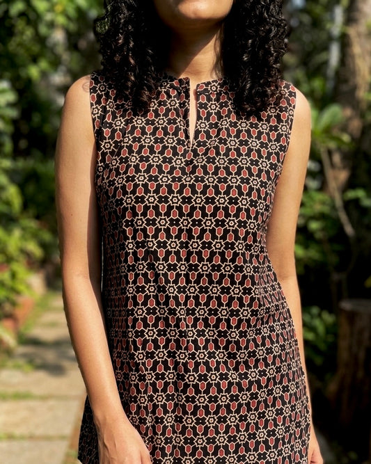 Pure Ajrakh Cotton Mandarin Collared Tunic | Black x Geometric Block | Womenswear