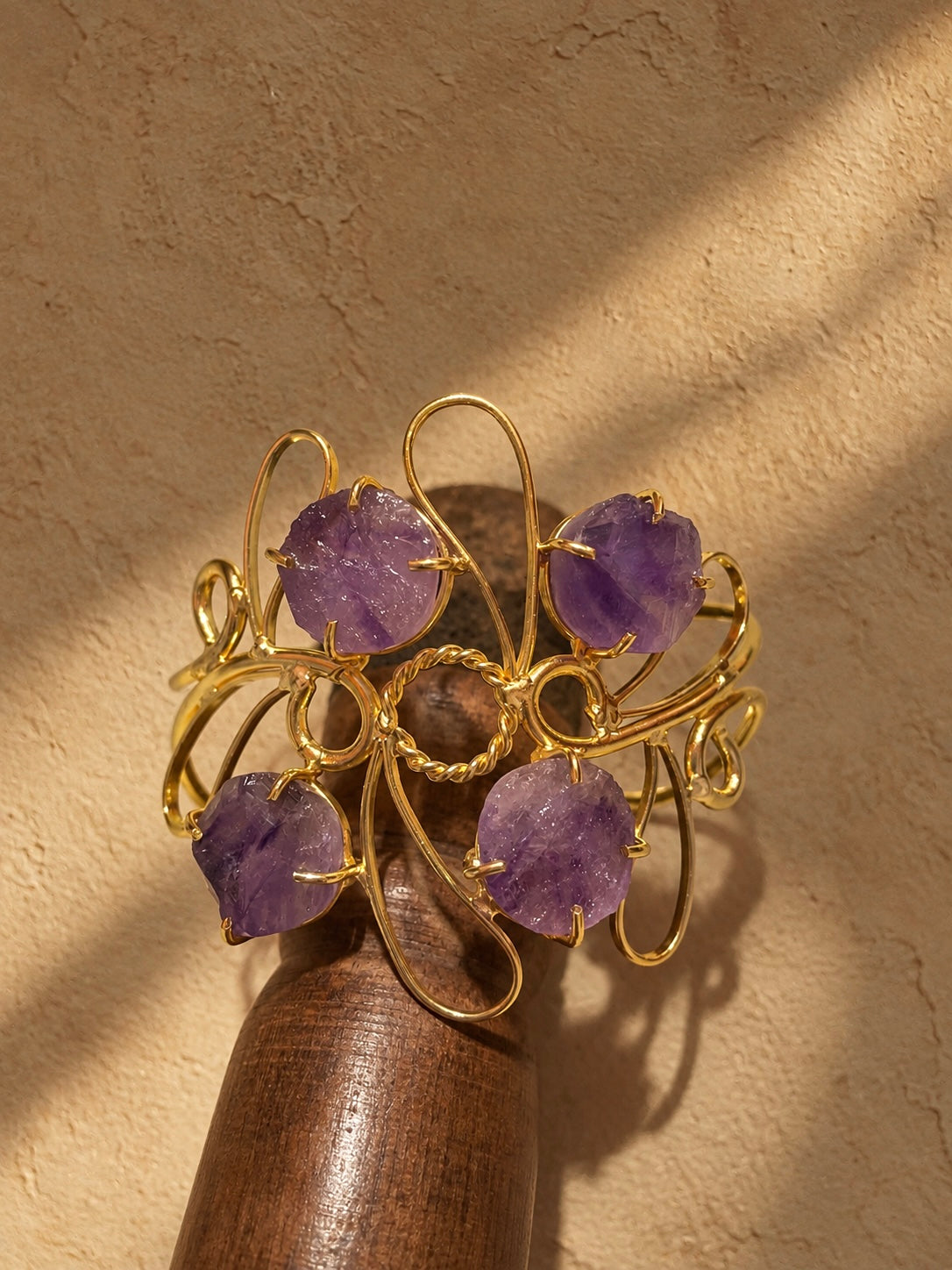 Jamun & Gold| Sculptural Brass Statement Wristwear | Amethyst