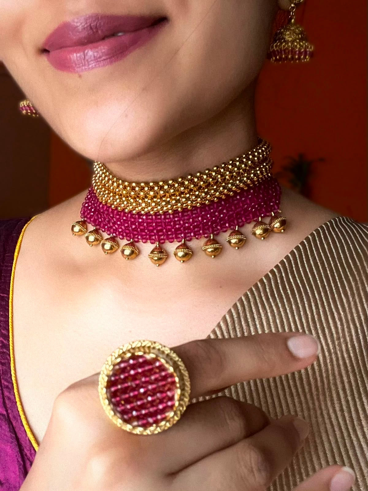 Fuchsia Crystal Mesh | Antique Matte Gold Choker Set | Onam’26