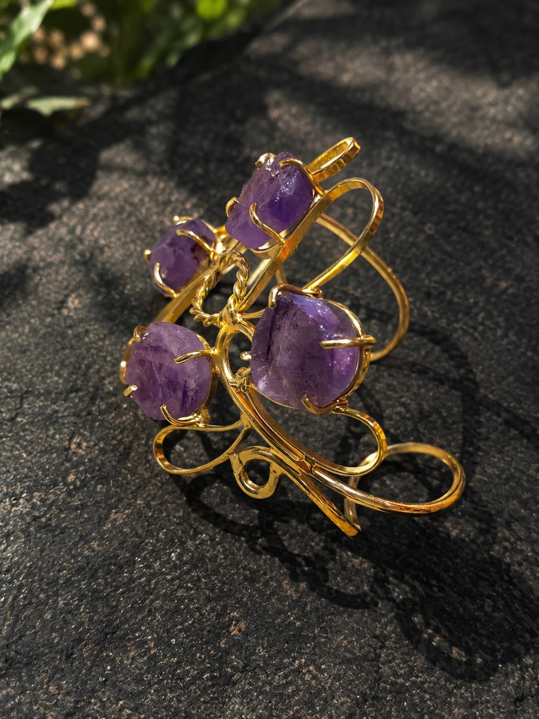 Jamun & Gold| Sculptural Brass Statement Wristwear | Amethyst