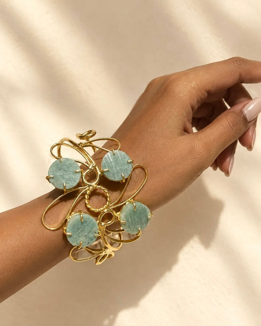 Neem & Gold| Sculptural Brass Statement Wristwear | Mint-Green